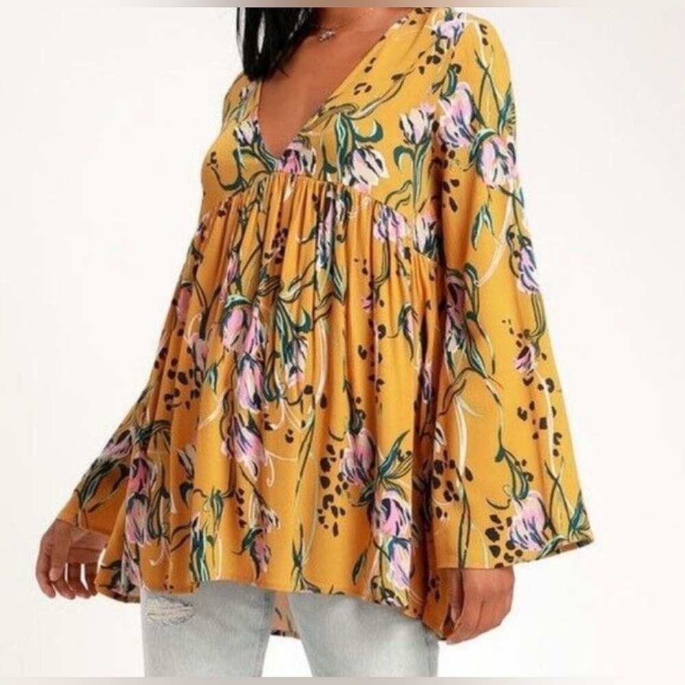 Free People Floral Bella Golden Yellow Floral Tunic Blouse - Size S